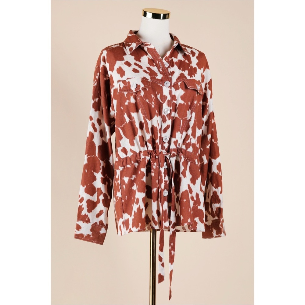 Sz 6 Asos Cow Print Western Tie Waist Button Down Cotton & Linen Blend Shirt NWT